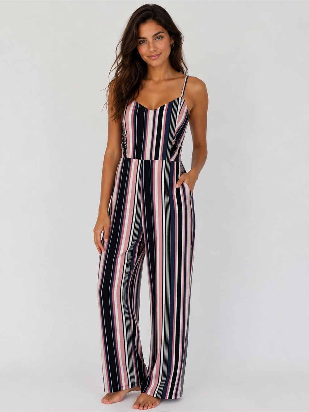 bebe Striped Black, Pink & White Wide-Leg Jumpsuit